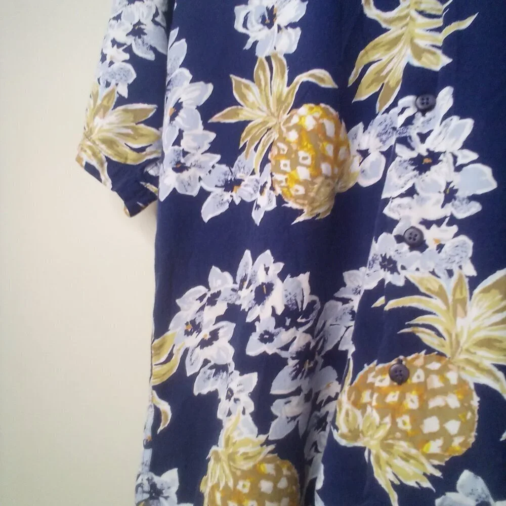 Newport Blue Shirt Men S Button Up Short Sleeve Tropical Floral Pineapple Blue - Picture 5 of 14